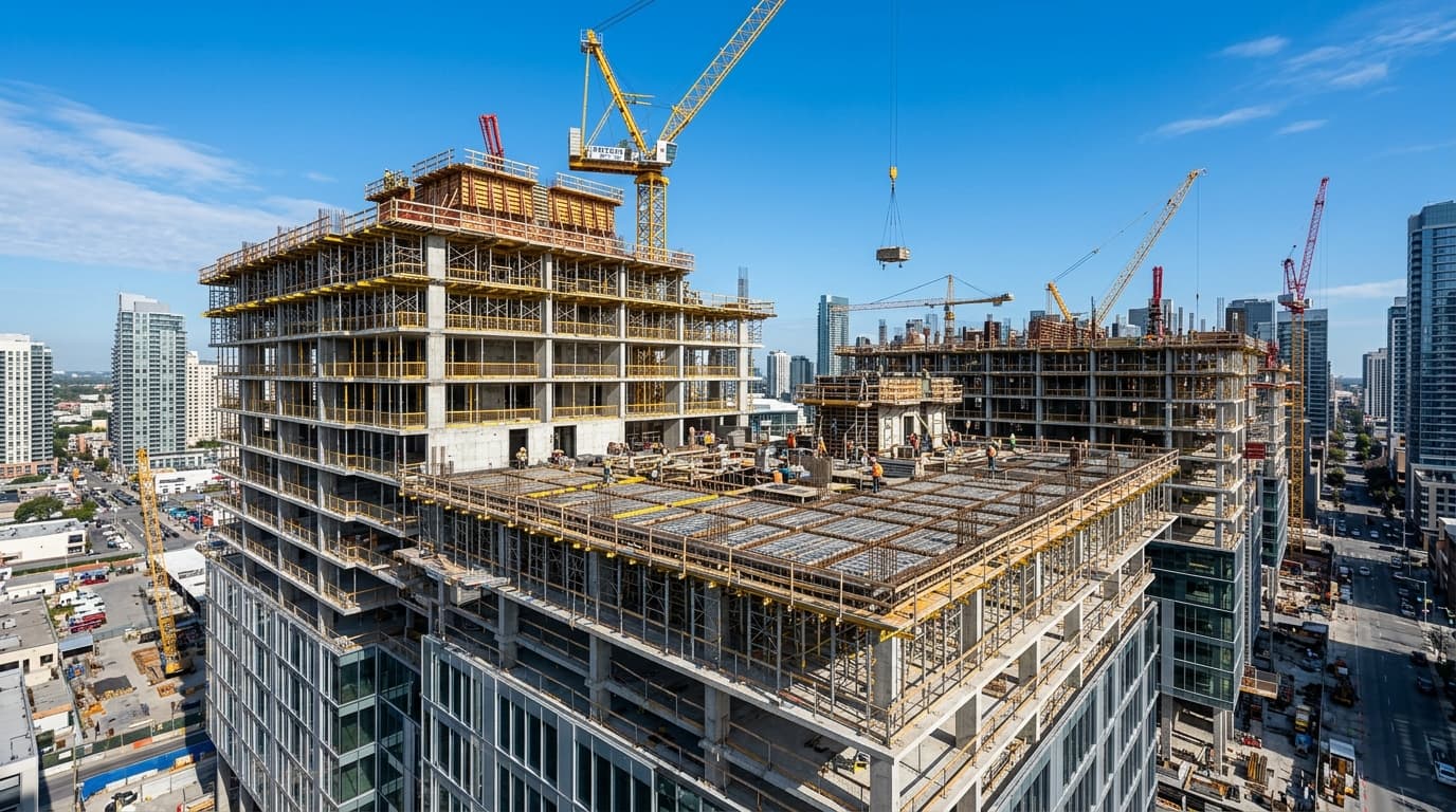 High rise building with active Slabform concrete frames on upper deck