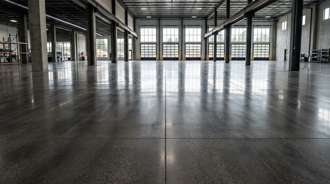 Highly flat polished industrial concrete floor with steel joints