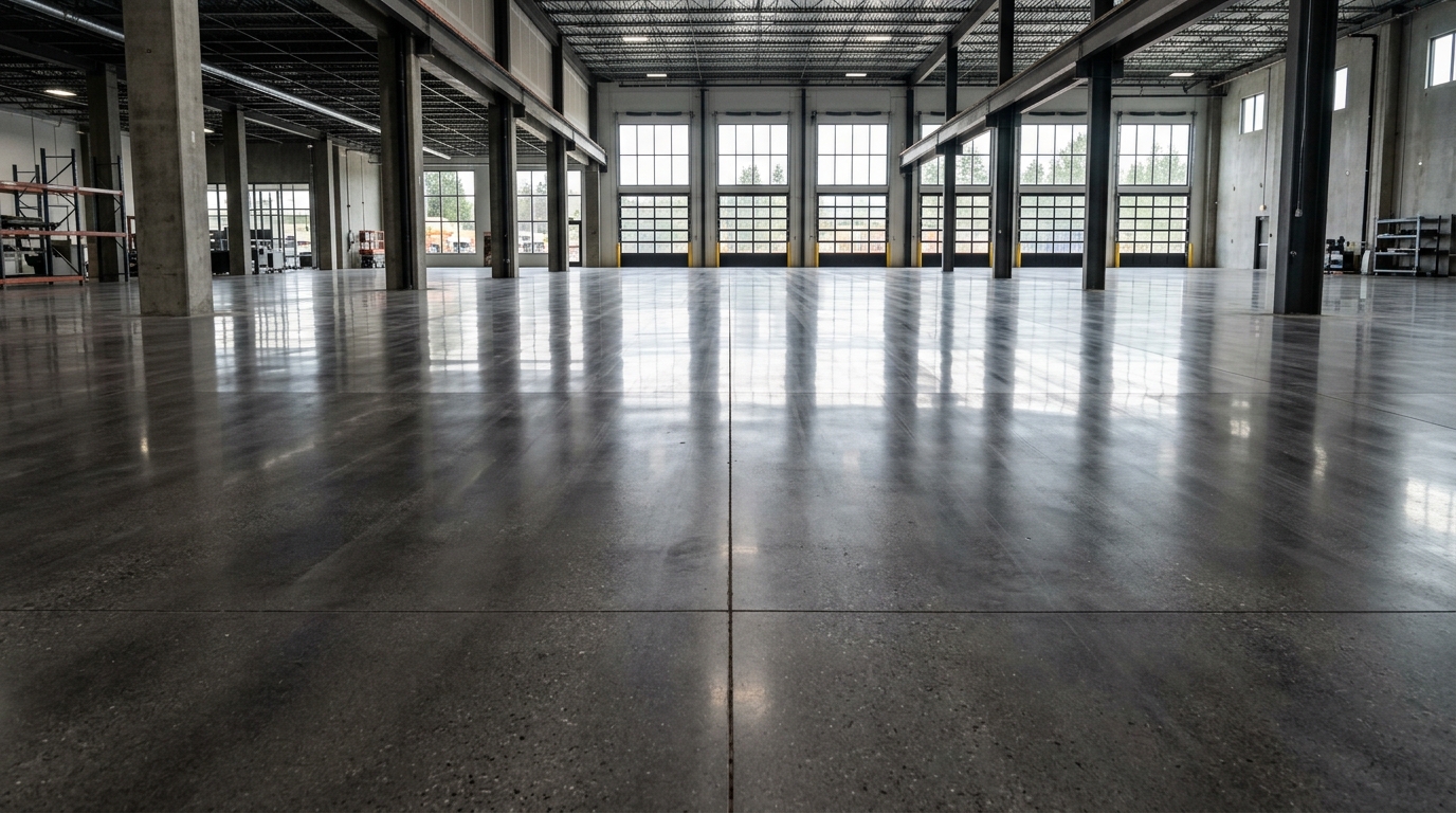 Polished highly reflective superflat concrete industrial warehouse slab poured with Slabform handset formwork panels