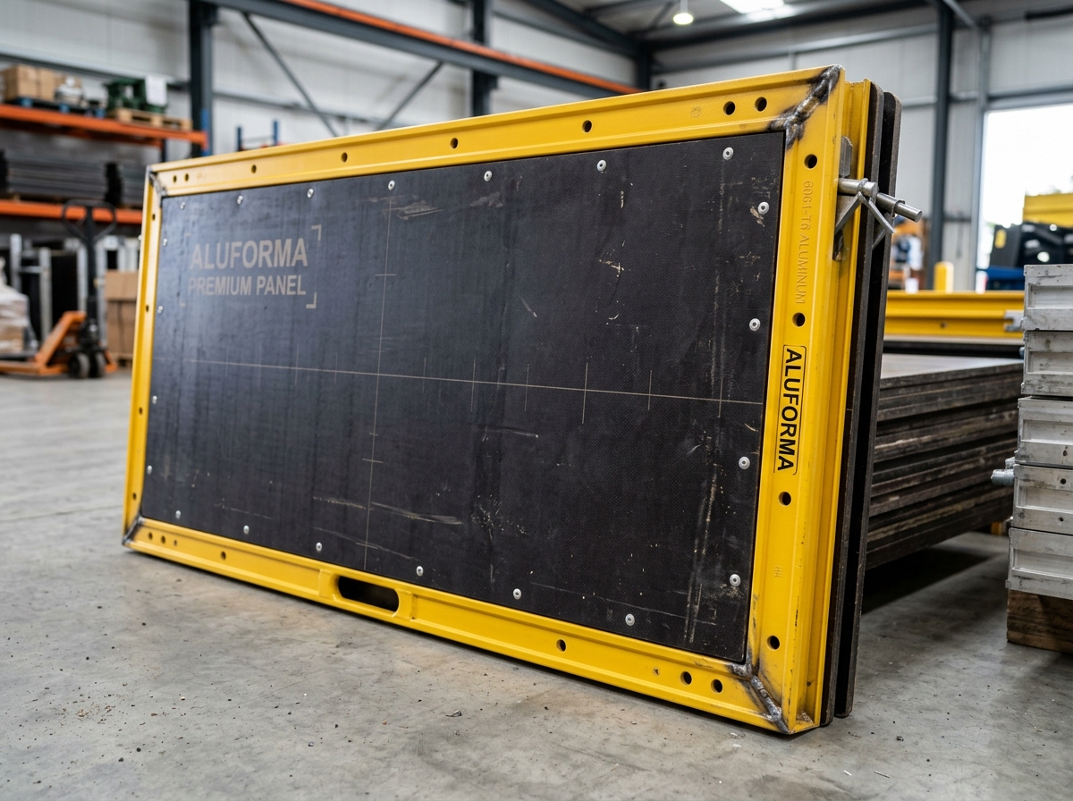 Modular handset slab formwork panel components showing anodized precision frames