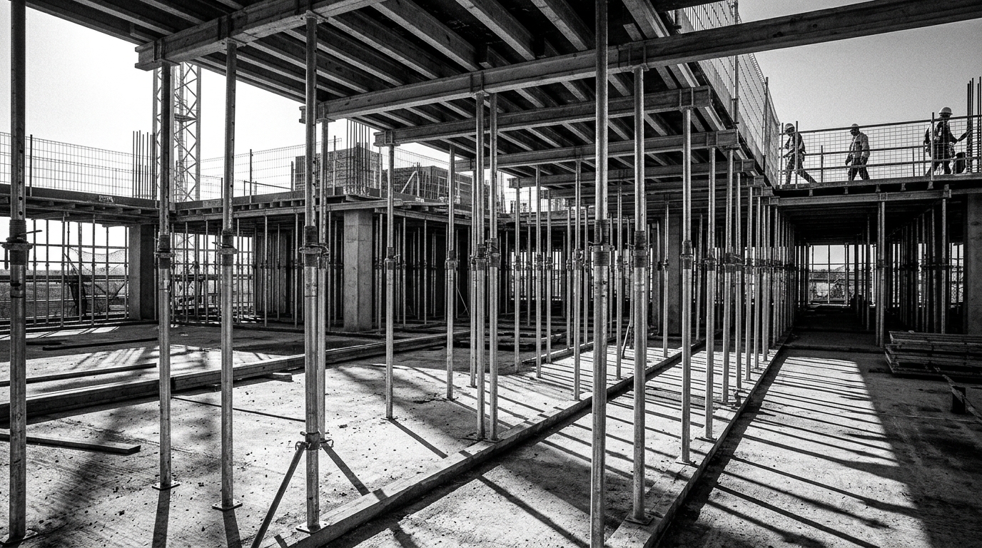 Slabform heavy-duty horizontal deck formwork panel arrays assembled across a wide industrial parking garage concrete pour grid